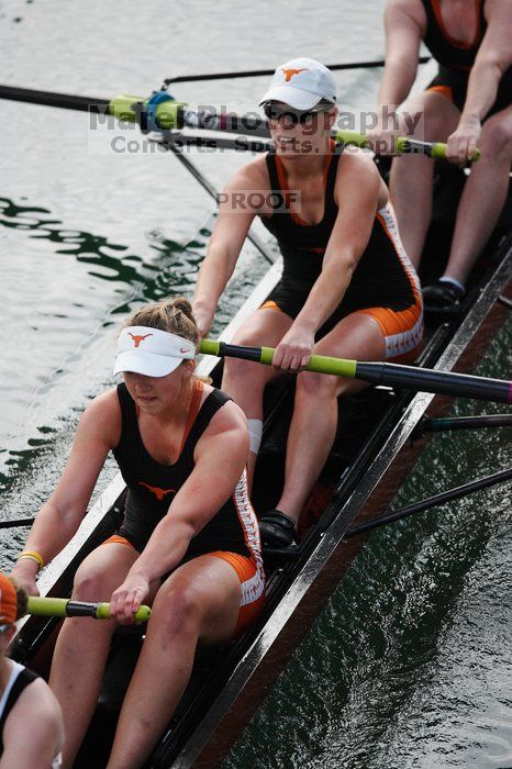 The Texas Rowing first varsity eight team, with coxswain Mary Cait McPherson, stroke Jen VanderMaarel, Felicia Izaguirre-Werner, Meg George, Nancy Arrington, Jelena Zunic, Karli Sheahan, Colleen Irby and Sara Cottingham, finished with a time of 6:44.7, defeating Duke which completed the race in 6:49.9. This was the second session of the Longhorn Invitational, Saturday morning, March 21, 2009 on Lady Bird Lake.  They later won one more race against UCF on Sunday.

Filename: SRM_20090321_08402472.jpg
Aperture: f/2.8
Shutter Speed: 1/2000
Body: Canon EOS-1D Mark II
Lens: Canon EF 300mm f/2.8 L IS