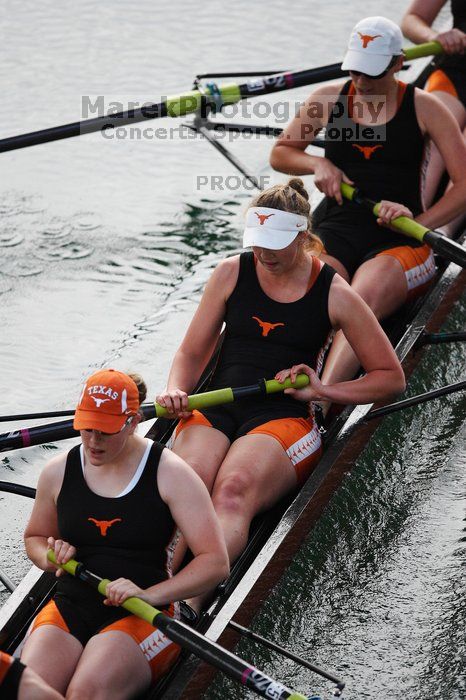 The Texas Rowing first varsity eight team, with coxswain Mary Cait McPherson, stroke Jen VanderMaarel, Felicia Izaguirre-Werner, Meg George, Nancy Arrington, Jelena Zunic, Karli Sheahan, Colleen Irby and Sara Cottingham, finished with a time of 6:44.7, defeating Duke which completed the race in 6:49.9. This was the second session of the Longhorn Invitational, Saturday morning, March 21, 2009 on Lady Bird Lake.  They later won one more race against UCF on Sunday.

Filename: SRM_20090321_08402575.jpg
Aperture: f/2.8
Shutter Speed: 1/2000
Body: Canon EOS-1D Mark II
Lens: Canon EF 300mm f/2.8 L IS