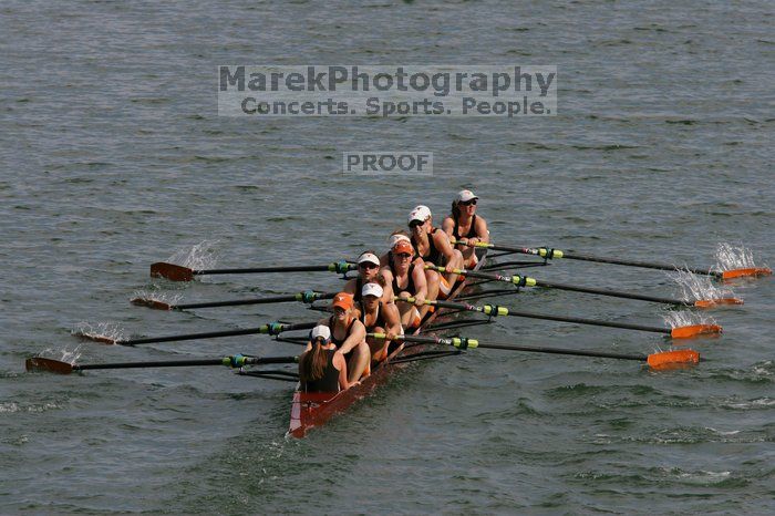 The Texas Rowing first varsity eight team, with coxswain Mary Cait McPherson, stroke Jen VanderMaarel, Felicia Izaguirre-Werner, Meg George, Nancy Arrington, Jelena Zunic, Karli Sheahan, Colleen Irby and Sara Cottingham, finished with a time of 7:09.3, losing to Wisconsin, which completed the race in 7:01.1. This was the third session of the Longhorn Invitational, Saturday afternoon, March 21, 2009 on Lady Bird Lake.

Filename: SRM_20090321_16360943.jpg
Aperture: f/8.0
Shutter Speed: 1/1600
Body: Canon EOS-1D Mark II
Lens: Canon EF 300mm f/2.8 L IS