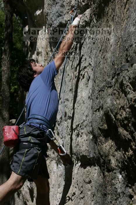 Javier Morales on the dyno while leading Lick the Window (5.10c).  It was another long day of rock climbing at Seismic Wall on Austin's Barton Creek Greenbelt, Sunday, April 5, 2009.

Filename: SRM_20090405_11440670.jpg
Aperture: f/7.1
Shutter Speed: 1/500
Body: Canon EOS-1D Mark II
Lens: Canon EF 80-200mm f/2.8 L