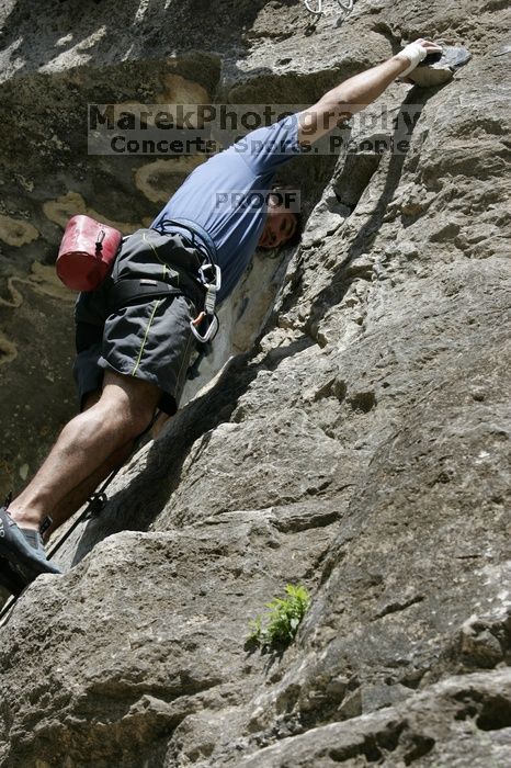 Javier Morales on the dyno while leading Lick the Window (5.10c).  It was another long day of rock climbing at Seismic Wall on Austin's Barton Creek Greenbelt, Sunday, April 5, 2009.

Filename: SRM_20090405_11514191.jpg
Aperture: f/6.3
Shutter Speed: 1/500
Body: Canon EOS-1D Mark II
Lens: Canon EF 80-200mm f/2.8 L