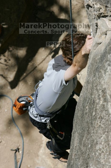 Andrew Dreher attempting the dyno while leading Lick the Window (5.10c), shot from the top of Ack! (5.11b, but using the crack for the start instead) that I top roped up with my camera on my back.  It was another long day of rock climbing at Seismic Wall on Austin's Barton Creek Greenbelt, Sunday, April 5, 2009.

Filename: SRM_20090405_13170829.jpg
Aperture: f/10.0
Shutter Speed: 1/500
Body: Canon EOS-1D Mark II
Lens: Canon EF 80-200mm f/2.8 L