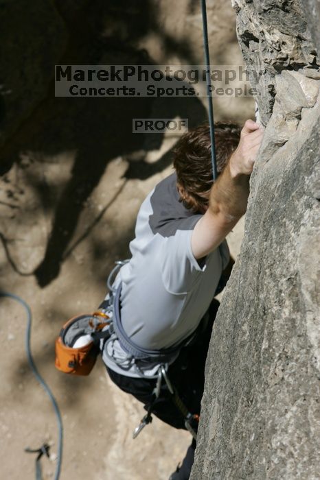 Andrew Dreher attempting the dyno while leading Lick the Window (5.10c), shot from the top of Ack! (5.11b, but using the crack for the start instead) that I top roped up with my camera on my back.  It was another long day of rock climbing at Seismic Wall on Austin's Barton Creek Greenbelt, Sunday, April 5, 2009.

Filename: SRM_20090405_13170930.jpg
Aperture: f/10.0
Shutter Speed: 1/500
Body: Canon EOS-1D Mark II
Lens: Canon EF 80-200mm f/2.8 L