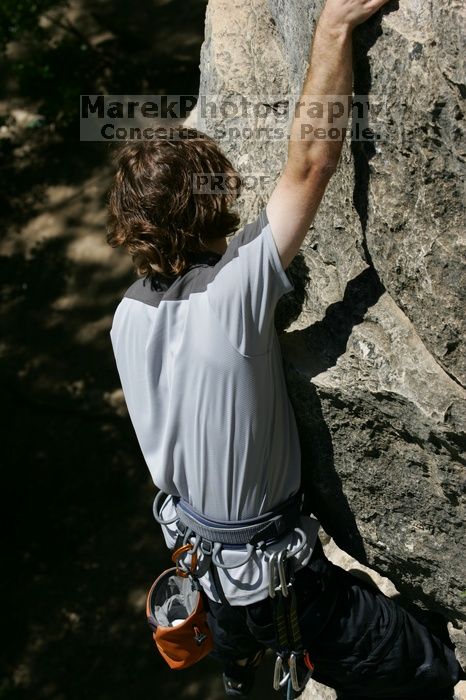 Andrew Dreher leading Lick the Window (5.10c), shot from the top of Ack! (5.11b, but using the crack for the start instead) that I top roped up with my camera on my back.  It was another long day of rock climbing at Seismic Wall on Austin's Barton Creek Greenbelt, Sunday, April 5, 2009.

Filename: SRM_20090405_13231823.jpg
Aperture: f/7.1
Shutter Speed: 1/500
Body: Canon EOS-1D Mark II
Lens: Canon EF 80-200mm f/2.8 L