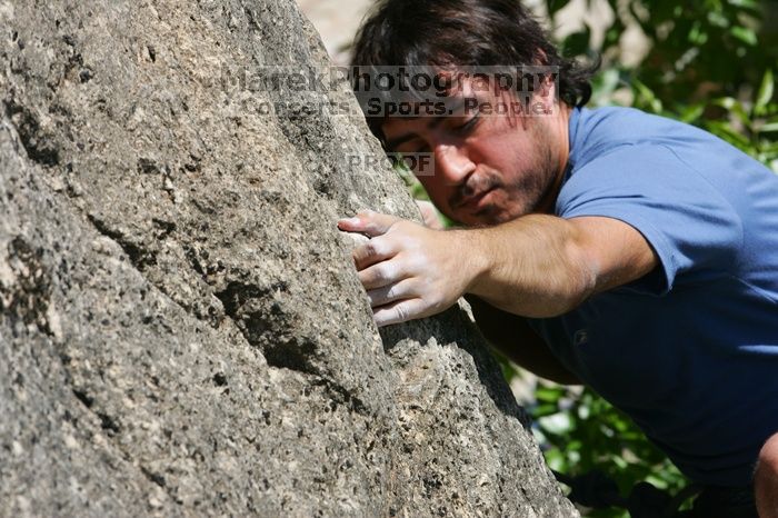 Javier Morales leading Nose Print on the Windshield (5.11c), shot from the top of Ack! (5.11b, but using the crack for the start instead) that I top roped up with my camera on my back.  It was another long day of rock climbing at Seismic Wall on Austin's Barton Creek Greenbelt, Sunday, April 5, 2009.

Filename: SRM_20090405_13340083.jpg
Aperture: f/11.0
Shutter Speed: 1/500
Body: Canon EOS-1D Mark II
Lens: Canon EF 80-200mm f/2.8 L