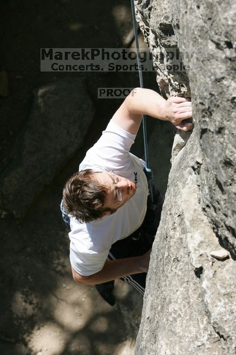 Me top roping Lick the Window (5.10c), shot (by Andrew Dreher) from the top of Ack! (5.11b, but using the crack for the start instead) that I top roped up with my camera on my back.  It was another long day of rock climbing at Seismic Wall on Austin's Barton Creek Greenbelt, Sunday, April 5, 2009.

Filename: SRM_20090405_14394647.jpg
Aperture: f/9.0
Shutter Speed: 1/500
Body: Canon EOS-1D Mark II
Lens: Canon EF 80-200mm f/2.8 L