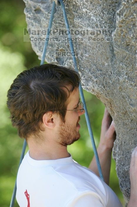 Me top roping Lick the Window (5.10c), shot (by Andrew Dreher) from the top of Ack! (5.11b, but using the crack for the start instead) that I top roped up with my camera on my back.  It was another long day of rock climbing at Seismic Wall on Austin's Barton Creek Greenbelt, Sunday, April 5, 2009.

Filename: SRM_20090405_14421168.jpg
Aperture: f/4.0
Shutter Speed: 1/500
Body: Canon EOS-1D Mark II
Lens: Canon EF 80-200mm f/2.8 L