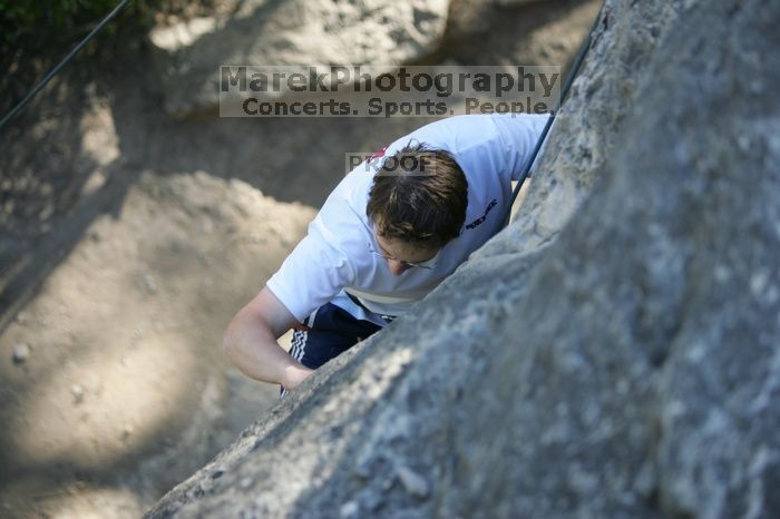 Me top roping Lick the Window (5.10c), shot by Javier Morales from the top of Ack! (5.11b, but using the crack for the start instead) that I top roped up with my camera on my back.  It was another long day of rock climbing at Seismic Wall on Austin's Barton Creek Greenbelt, Sunday, April 5, 2009.

Filename: SRM_20090405_17183636.jpg
Aperture: f/3.2
Shutter Speed: 1/400
Body: Canon EOS-1D Mark II
Lens: Canon EF 80-200mm f/2.8 L