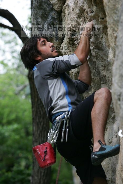 Javier Morales leading up Angel of Poets (5.10a).  It was another long day of rock climbing at Seismic Wall on Austin's Barton Creek Greenbelt, Saturday, April 11, 2009.

Filename: SRM_20090411_12364912.JPG
Aperture: f/5.0
Shutter Speed: 1/250
Body: Canon EOS-1D Mark II
Lens: Canon EF 80-200mm f/2.8 L