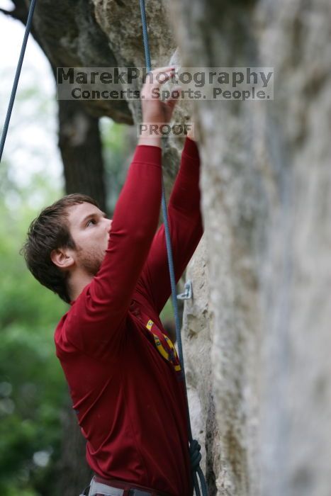 Me top rope climbing Angel of Poets (5.10a), taken by Andrew Dreher.  It was another long day of rock climbing at Seismic Wall on Austin's Barton Creek Greenbelt, Saturday, April 11, 2009.

Filename: SRM_20090411_13052728.JPG
Aperture: f/3.5
Shutter Speed: 1/200
Body: Canon EOS-1D Mark II
Lens: Canon EF 80-200mm f/2.8 L
