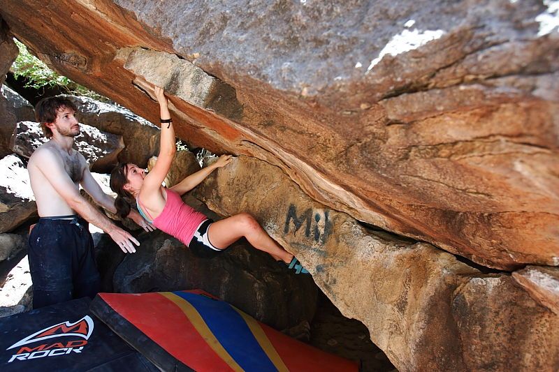 Sarah Williams rock climbing in Hueco Tanks State Park and Historic Site during the Hueco Tanks Awesome Fest 2010 trip, Friday, May 21, 2010.

Filename: SRM_20100521_15100000.JPG
Aperture: f/4.0
Shutter Speed: 1/250
Body: Canon EOS-1D Mark II
Lens: Canon EF 16-35mm f/2.8 L