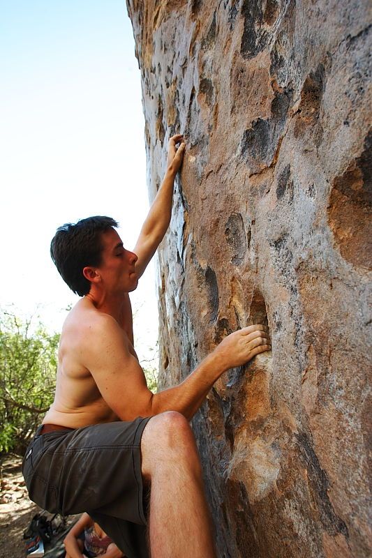 Raanan Robertson rock climbing in Hueco Tanks State Park and Historic Site during the Hueco Tanks Awesome Fest 2010 trip, Friday, May 21, 2010.

Filename: SRM_20100521_19283820.JPG
Aperture: f/5.6
Shutter Speed: 1/200
Body: Canon EOS-1D Mark II
Lens: Canon EF 16-35mm f/2.8 L