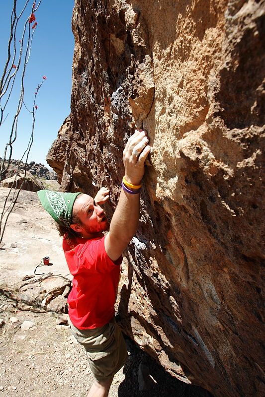 Steve Marek rock climbing in Hueco Tanks State Park and Historic Site during the Hueco Tanks Awesome Fest 2010 trip, Saturday, May 22, 2010.

Filename: SRM_20100522_12240937.JPG
Aperture: f/8.0
Shutter Speed: 1/500
Body: Canon EOS-1D Mark II
Lens: Canon EF 16-35mm f/2.8 L