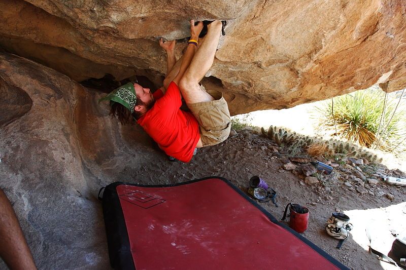 Steve Marek rock climbing on No One Gets Out of Here Alive (V2) in Hueco Tanks State Park and Historic Site during the Hueco Tanks Awesome Fest 2010 trip, Saturday, May 22, 2010.

Filename: SRM_20100522_15180889.JPG
Aperture: f/5.6
Shutter Speed: 1/200
Body: Canon EOS-1D Mark II
Lens: Canon EF 16-35mm f/2.8 L