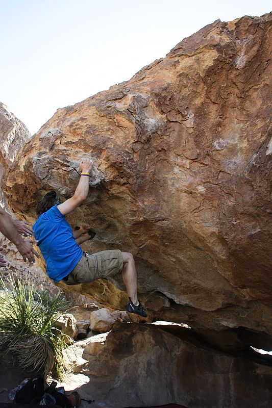 Steve Marek rock climbing on No One Gets Out of Here Alive (V2) in Hueco Tanks State Park and Historic Site during the Hueco Tanks Awesome Fest 2010 trip, Sunday, May 23, 2010.

Filename: SRM_20100523_11112022.JPG
Aperture: f/5.6
Shutter Speed: 1/500
Body: Canon EOS-1D Mark II
Lens: Canon EF 16-35mm f/2.8 L
