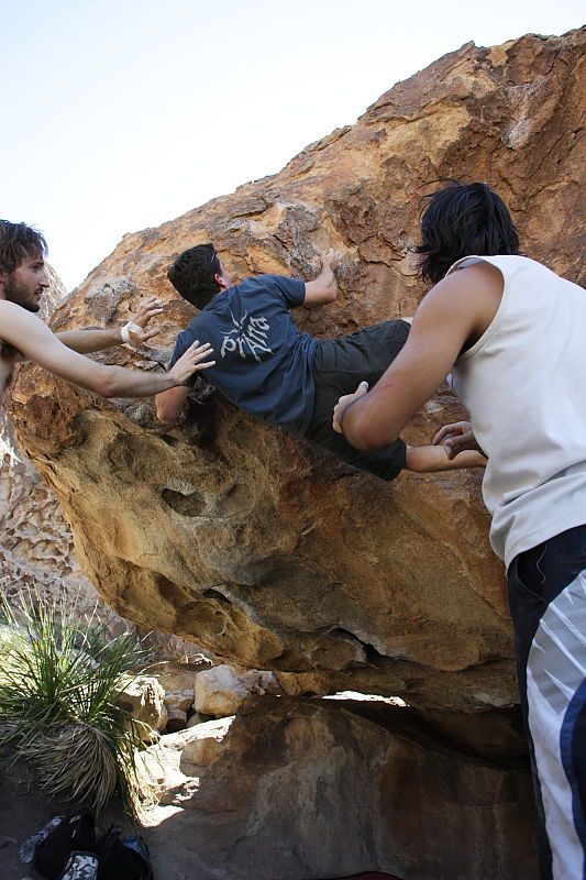 Raanan Robertson rock climbing on Pull the Pin in Hueco Tanks State Park and Historic Site during the Hueco Tanks Awesome Fest 2010 trip, Sunday, May 23, 2010.

Filename: SRM_20100523_11263930.JPG
Aperture: f/5.6
Shutter Speed: 1/500
Body: Canon EOS-1D Mark II
Lens: Canon EF 16-35mm f/2.8 L