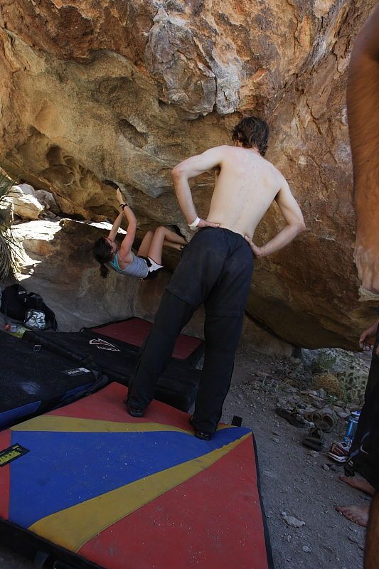 Sarah Williams rock climbing on No One Gets Out of Here Alive (V2) in Hueco Tanks State Park and Historic Site during the Hueco Tanks Awesome Fest 2010 trip, Sunday, May 23, 2010.

Filename: SRM_20100523_11334746.JPG
Aperture: f/5.6
Shutter Speed: 1/500
Body: Canon EOS-1D Mark II
Lens: Canon EF 16-35mm f/2.8 L