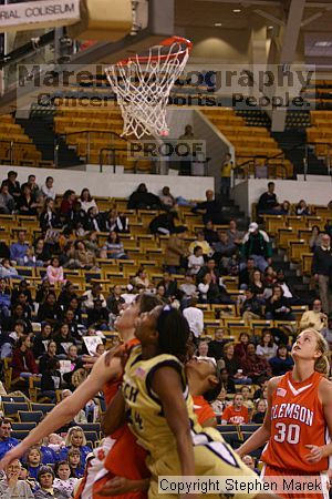 The Georgia Tech women's basketball team played Clemson.

Filename: img_0618_std.jpg
Aperture: f/2.8
Shutter Speed: 1/320
Body: Canon EOS DIGITAL REBEL
Lens: Canon EF 80-200mm f/2.8 L