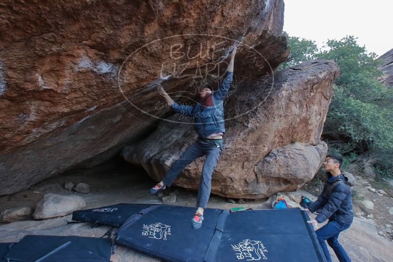 Bouldering in Hueco Tanks on 01/16/2020 with Blue Lizard Climbing and Yoga
Filename: SRM_20200116_1351000.jpg
Aperture: f/7.1
Shutter Speed: 1/250
Body: Canon EOS-1D Mark II
Lens: Canon EF 16-35mm f/2.8 L