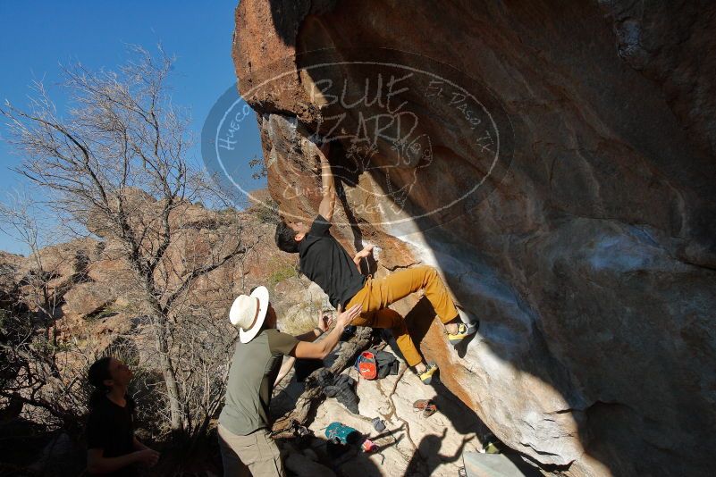 Bouldering in Hueco Tanks on 01/19/2020 with Blue Lizard Climbing and Yoga
Filename: SRM_20200119_1603030.jpg
Aperture: f/8.0
Shutter Speed: 1/640
Body: Canon EOS-1D Mark II
Lens: Canon EF 16-35mm f/2.8 L