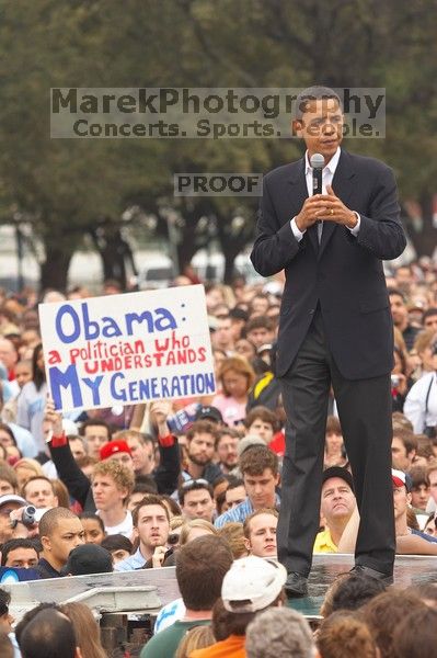 Obama speaking to a crowd of over 20,000 supporters at The Barack Obama "Kick-Ass" Rally--the Obama for president, 2008, rally, held in Austin, Friday, February 23, 2007.

Filename: SRM_20070223_1535028.jpg
Aperture: f/4.0
Shutter Speed: 1/250
Body: Canon EOS 20D
Lens: Canon EF 80-200mm f/2.8 L