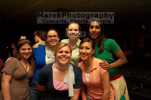 Laura Barhydt, Nicole Goza, Laura Bean, Katie Willcutts, Tahnee De La Cerda, and Sarah Lobo (from left).  Alpha Xi Delta held a sock hop themed date night at the Austin 300 bowling alley, Thursday night, March 29, 2007.

Filename: SRM_20070329_2054345.jpg
Aperture: f/8.0
Shutter Speed: 1/200
Body: Canon EOS-1D Mark II
Lens: Sigma 15-30mm f/3.5-4.5 EX Aspherical DG DF