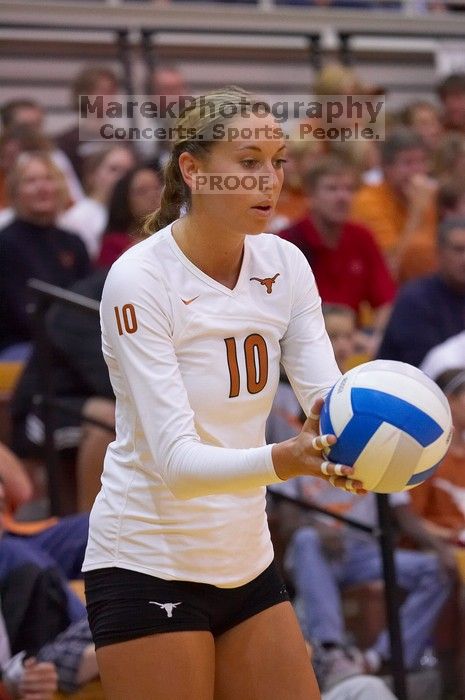 UT sophomore Ashley Engle (#10, S/RS) holds the ball, ready to serve. The Longhorns defeated the Huskers 3-0 on Wednesday night, October 24, 2007 at Gregory Gym.
Filename: SRM_20071024_1956467.jpg
Aperture: f/4.0
Shutter Speed: 1/400
Body: Canon EOS-1D Mark II
Lens: Canon EF 80-200mm f/2.8 L
