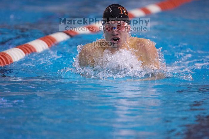 UT senior Agustin Magruder took second in the 100 yard breaststroke with a time of 56.67.  The University of Texas Longhorns defeated The University of Georgia Bulldogs 157-135 on Saturday, January 12, 2008.

Filename: SRM_20080112_1124544.jpg
Aperture: f/2.8
Shutter Speed: 1/400
Body: Canon EOS-1D Mark II
Lens: Canon EF 300mm f/2.8 L IS