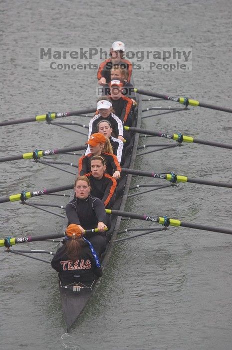 The Longhorns first varsity eight of coxswain Mary Cait McPherson, stroke Luise Fleischhauer, Callie Mattrisch, Jen Vander Maarel, Kellie Lunday, Jelena Zunic, Emilie Sallee, Alex Janss and Nancy Arrington placed first with a time of 28:09.00.  The women's rowing team competed in the 2008 Fighting Nutria on Saturday, February 16, 2008.

Filename: SRM_20080216_0827020.jpg
Aperture: f/4.0
Shutter Speed: 1/800
Body: Canon EOS-1D Mark II
Lens: Canon EF 300mm f/2.8 L IS