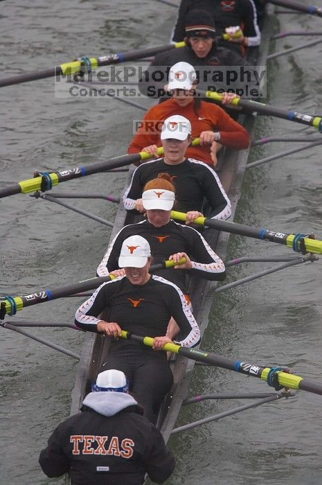 Texas' second varsity eight boat placed second with a time of 29:07.0.  The women's rowing team competed in the 2008 Fighting Nutria on Saturday, February 16, 2008.

Filename: SRM_20080216_0828129.jpg
Aperture: f/4.0
Shutter Speed: 1/800
Body: Canon EOS-1D Mark II
Lens: Canon EF 300mm f/2.8 L IS