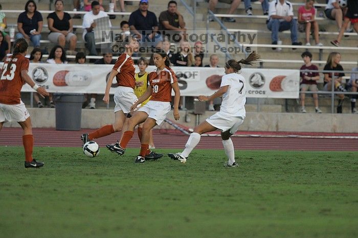 UT senior Stephanie Logterman (#10, Defender) passes to UT senior Courtney Gaines (#23, Midfielder).  The University of Texas women's soccer team tied 0-0 against the Texas A&M Aggies Friday night, September 27, 2008.

Filename: SRM_20080926_1909065.jpg
Aperture: f/4.0
Shutter Speed: 1/800
Body: Canon EOS-1D Mark II
Lens: Canon EF 300mm f/2.8 L IS