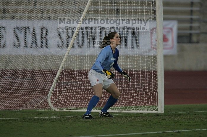 UT senior Dianna Pfenninger (#8, Goalkeeper) waits for a shot.  The University of Texas women's soccer team tied 0-0 against the Texas A&M Aggies Friday night, September 27, 2008.

Filename: SRM_20080926_1918081.jpg
Aperture: f/4.0
Shutter Speed: 1/800
Body: Canon EOS-1D Mark II
Lens: Canon EF 300mm f/2.8 L IS
