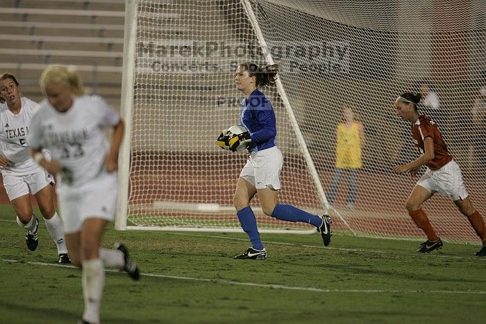 UT senior Dianna Pfenninger (#8, Goalkeeper) catches a shot on goal as UT sophomore Erica Campanelli (#19, Defender) watches. The University of Texas women's soccer team tied 0-0 against the Texas A&M Aggies Friday night, September 27, 2008.
Filename: SRM_20080926_2029206.jpg
Aperture: f/2.8
Shutter Speed: 1/640
Body: Canon EOS-1D Mark II
Lens: Canon EF 300mm f/2.8 L IS