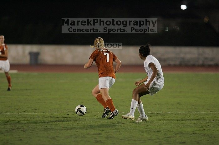 UT freshman Courtney Goodson (#7, Forward and Midfielder). The University of Texas women's soccer team tied 0-0 against the Texas A&M Aggies Friday night, September 27, 2008.
Filename: SRM_20080926_2047441.jpg
Aperture: f/2.8
Shutter Speed: 1/500
Body: Canon EOS-1D Mark II
Lens: Canon EF 300mm f/2.8 L IS