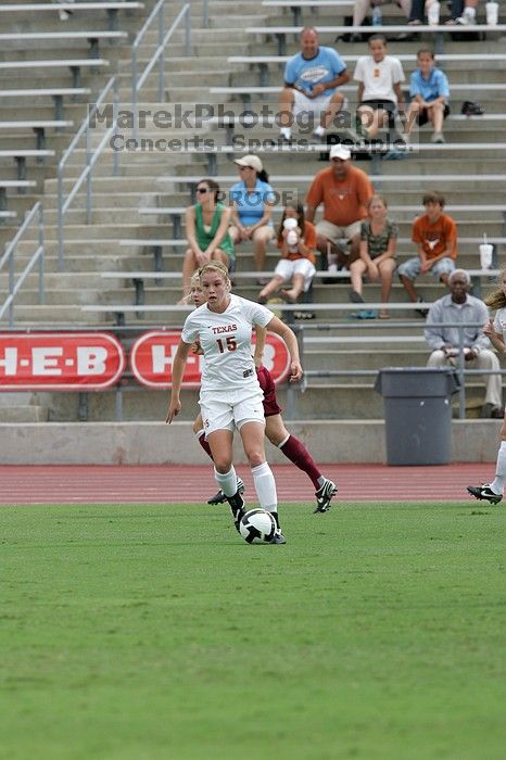 UT freshman Kylie Doniak (#15, Midfielder).  The University of Texas women's soccer team won 2-1 against the Iowa State Cyclones Sunday afternoon, October 5, 2008.

Filename: SRM_20081005_12064283.jpg
Aperture: f/5.6
Shutter Speed: 1/1600
Body: Canon EOS-1D Mark II
Lens: Canon EF 300mm f/2.8 L IS