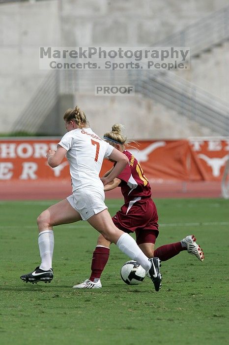 UT freshman Courtney Goodson (#7, Forward and Midfielder). The University of Texas women's soccer team won 2-1 against the Iowa State Cyclones Sunday afternoon, October 5, 2008.
Filename: SRM_20081005_12065291.jpg
Aperture: f/5.6
Shutter Speed: 1/2500
Body: Canon EOS-1D Mark II
Lens: Canon EF 300mm f/2.8 L IS