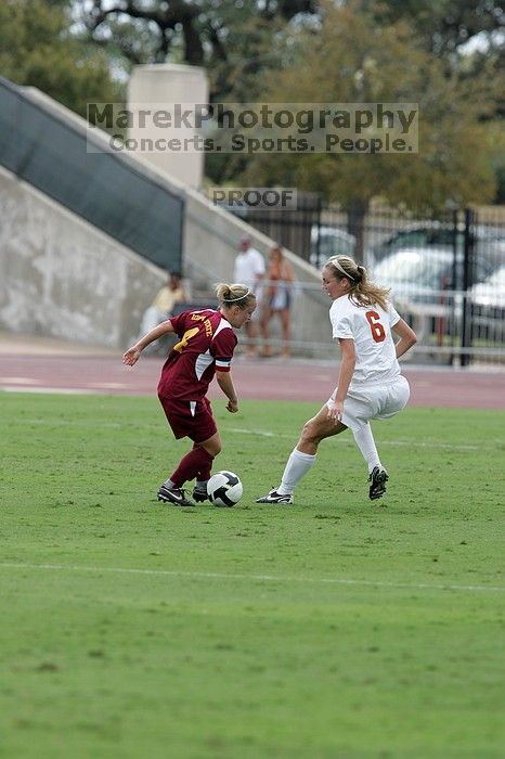 UT freshman Lucy Keith (#6, Midfielder). The University of Texas women's soccer team won 2-1 against the Iowa State Cyclones Sunday afternoon, October 5, 2008.
Filename: SRM_20081005_12121466.jpg
Aperture: f/5.6
Shutter Speed: 1/1250
Body: Canon EOS-1D Mark II
Lens: Canon EF 300mm f/2.8 L IS