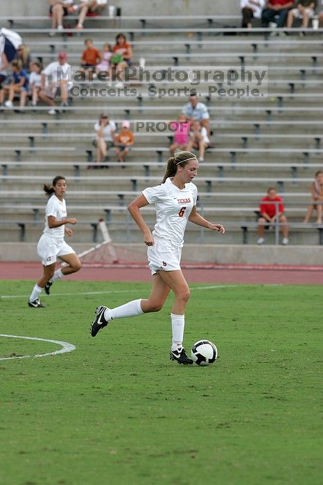 UT freshman Lucy Keith (#6, Midfielder) in the second half. The University of Texas women's soccer team won 2-1 against the Iowa State Cyclones Sunday afternoon, October 5, 2008.
Filename: SRM_20081005_13072807.jpg
Aperture: f/5.6
Shutter Speed: 1/1600
Body: Canon EOS-1D Mark II
Lens: Canon EF 300mm f/2.8 L IS