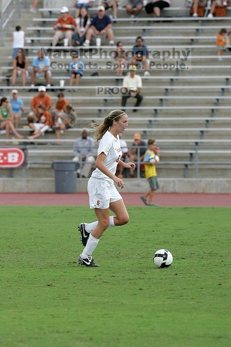 UT freshman Lucy Keith (#6, Midfielder) in the second half. The University of Texas women's soccer team won 2-1 against the Iowa State Cyclones Sunday afternoon, October 5, 2008.
Filename: SRM_20081005_13073012.jpg
Aperture: f/5.6
Shutter Speed: 1/1250
Body: Canon EOS-1D Mark II
Lens: Canon EF 300mm f/2.8 L IS