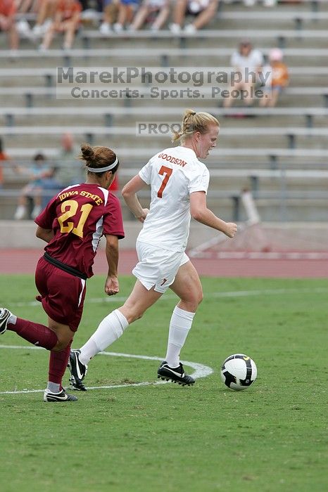 UT freshman Courtney Goodson (#7, Forward and Midfielder) in the second half. The University of Texas women's soccer team won 2-1 against the Iowa State Cyclones Sunday afternoon, October 5, 2008.
Filename: SRM_20081005_13110656.jpg
Aperture: f/5.6
Shutter Speed: 1/1000
Body: Canon EOS-1D Mark II
Lens: Canon EF 300mm f/2.8 L IS