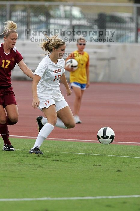 UT sophomore Kate Nicholson (#17, Forward and Midfielder) in the second half.  The University of Texas women's soccer team won 2-1 against the Iowa State Cyclones Sunday afternoon, October 5, 2008.

Filename: SRM_20081005_13305020.jpg
Aperture: f/5.6
Shutter Speed: 1/1250
Body: Canon EOS-1D Mark II
Lens: Canon EF 300mm f/2.8 L IS