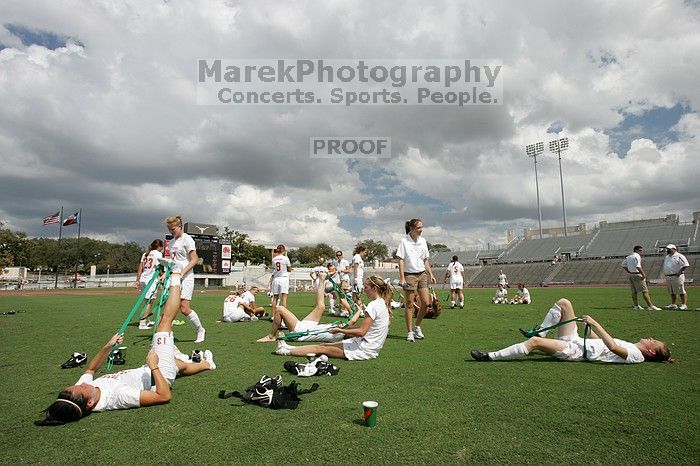 The team stretches after the match.  The University of Texas women's soccer team won 2-1 against the Iowa State Cyclones Sunday afternoon, October 5, 2008.

Filename: SRM_20081005_13525646.jpg
Aperture: f/11.0
Shutter Speed: 1/250
Body: Canon EOS-1D Mark II
Lens: Canon EF 16-35mm f/2.8 L