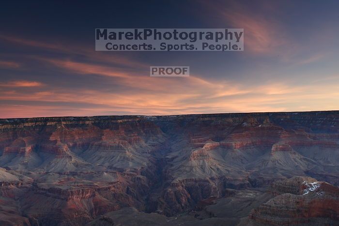 First sunrise of the new year at the south rim of the Grand Canyon, Thursday January 1, 2009.  The temperature was as low as 15 F the night before with a foot and a half of snow on the ground.  Luckily sunrise wasn't until 7:40.

Filename: SRM_20090101_07334604.JPG
Aperture: f/16.0
Shutter Speed: 5/1
Body: Canon EOS-1D Mark II
Lens: Canon EF 16-35mm f/2.8 L