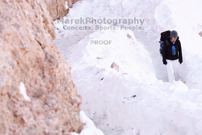 Beth Marek hiking down the South Kaibab trail, backpacking the Grand Canyon with Beth, Thursday, January 1, 2009.

Filename: SRM_20090101_11523451.jpg
Aperture: f/8.0
Shutter Speed: 1/160
Body: Canon EOS-1D Mark II
Lens: Canon EF 100-400mm f/4.5-5.6 L IS USM