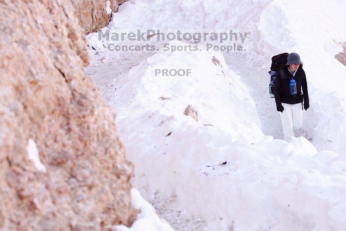 Beth Marek hiking down the South Kaibab trail, backpacking the Grand Canyon with Beth, Thursday, January 1, 2009.
Filename: SRM_20090101_11523452.jpg
Aperture: f/8.0
Shutter Speed: 1/160
Body: Canon EOS-1D Mark II
Lens: Canon EF 100-400mm f/4.5-5.6 L IS USM