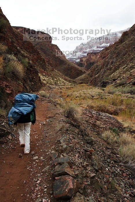Hiking up the Bright Angel trail from Bright Angel campground to Indian Garden campground, while backpacking the Grand Canyon with Beth, Saturday, January 3, 2009.
Filename: SRM_20090103_11204845.JPG
Aperture: f/11.0
Shutter Speed: 1/20
Body: Canon EOS-1D Mark II
Lens: Canon EF 16-35mm f/2.8 L