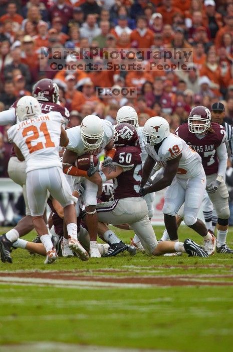 The University of Texas, Austin played Texas A&M in football at Kyle Field, College Station, on November 23, 2007. UT lost to the Aggies, 30 to 38.
Filename: SRM_20071123_1559020.jpg
Aperture: f/5.6
Shutter Speed: 1/640
Body: Canon EOS-1D Mark II
Lens: Canon EF 300mm f/2.8 L IS