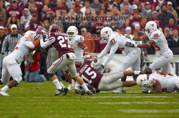 The University of Texas, Austin played Texas A&M in football at Kyle Field, College Station, on November 23, 2007. UT lost to the Aggies, 30 to 38.
Filename: SRM_20071123_1626384.jpg
Aperture: f/5.6
Shutter Speed: 1/640
Body: Canon EOS-1D Mark II
Lens: Canon EF 300mm f/2.8 L IS