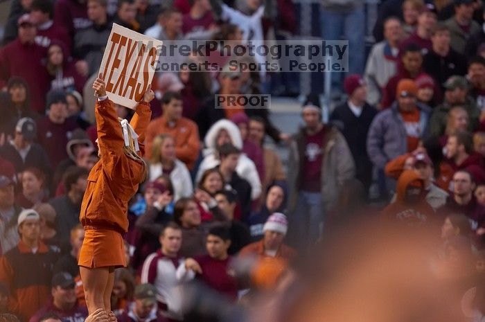 The University of Texas, Austin played Texas A&M in football at Kyle Field, College Station, on November 23, 2007.  UT lost to the Aggies, 30 to 38.

Filename: SRM_20071123_1809484.jpg
Aperture: f/2.8
Shutter Speed: 1/500
Body: Canon EOS-1D Mark II
Lens: Canon EF 300mm f/2.8 L IS
