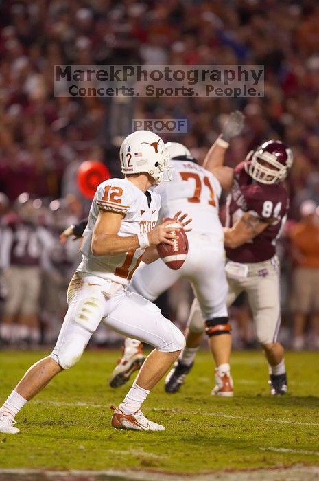 The University of Texas, Austin played Texas A&M in football at Kyle Field, College Station, on November 23, 2007. UT lost to the Aggies, 30 to 38.
Filename: SRM_20071123_1833546.jpg
Aperture: f/2.8
Shutter Speed: 1/500
Body: Canon EOS-1D Mark II
Lens: Canon EF 300mm f/2.8 L IS